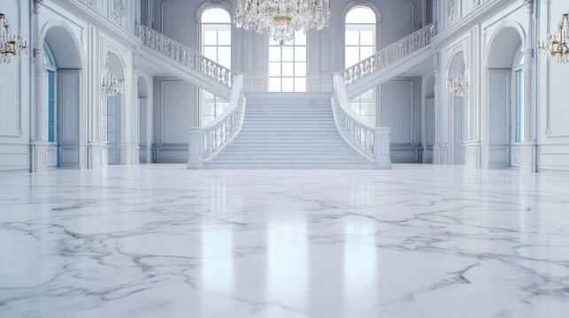 Grand marble staircase in elegant palace with ornate chandeliers and arches