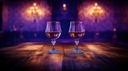 Two glasses of wine on a wooden table in dim lighting