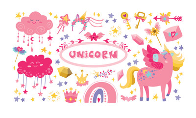 Big vector cute unicorn flat. Fairytale patch icon collection with funny unicorn, rainbow, clouds.