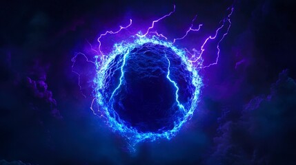 Mystical electric orb in dark stormy sky with vibrant blue lightning