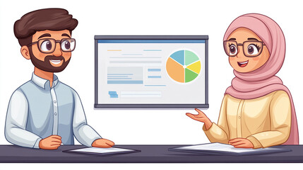 Two professionals discussing data and charts during a meeting. Collaboration and analysis in a modern office setting.