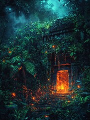 Ancient Stone Gateway in a Lush, Foggy Jungle