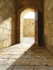 Obraz premium Sunlit Stone Passageway with Open Door and View of Courtyard