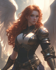 Obraz premium angelic guardian with fiery tresses stands poised, her gaze piercing through the celestial haze
