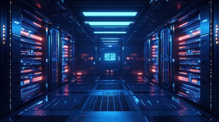 A futuristic server room with illuminated racks and digital displays.
