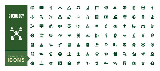 Sociology filled icons set. Solid set of social, society related vector icons for apps design. Filled icon set. Solid glyph icon for web and ui. Vector illustration.