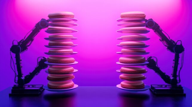 Futuristic robotic arms presenting stacks of colorful macarons in neon light