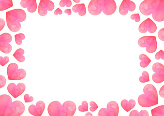 Pink watercolor romantic frame template with hearts, white copy space background. romantic template for Valentine's Day greeting card, mock up, wedding invitation. Love, honeymoon, 14 February concept