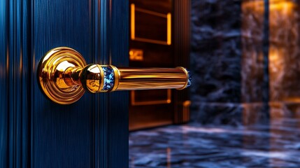 Elegant golden door handle on luxury interior wooden door