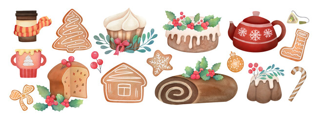 xmas watercolor elements set, traditional christmas cupcakes Italian panettone Stollen Chocolate christmas log English fruitcake Christmas pudding. hand drawn isolated illustration, clip art cut out