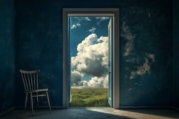 Wooden chair in dark room with open door to cloudy sky and grassy field.