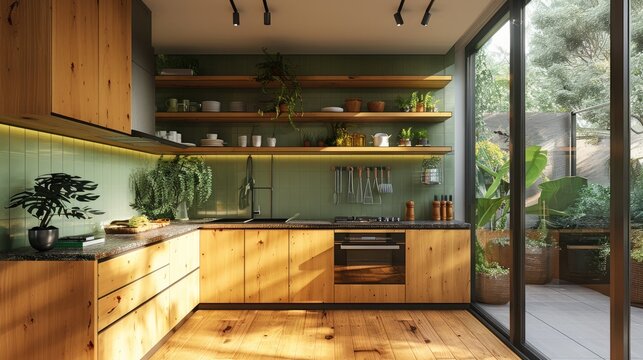 Modern kitchen with mustard yellow cabinets, olive green vertical tile backsplash, wooden open shelving, granite countertop, wooden floor. Large window, plants. Minimalist style. Generative AI.