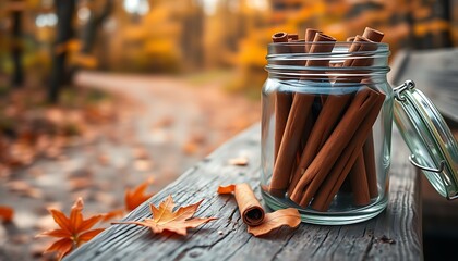 A close-up of a clear glass jar filled with cinnamon sticks, set on a rustic wooden bench.