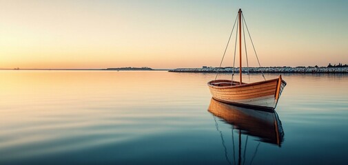 A tranquil scene of a solitary wooden boat gently floating on calm waters at sunset, creating a peaceful and serene atmosphere, ideal for relaxation and reflection.