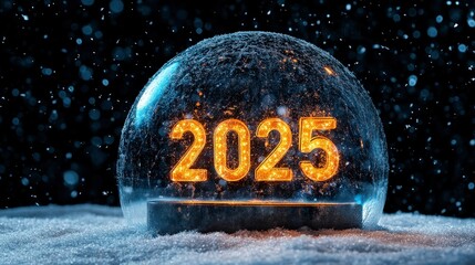 Glowing 2025 inside snow globe against sparkling snowy winter background