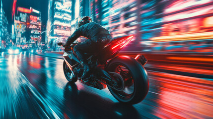 Obraz premium a motorcycle riders as they aggressively drive around a neon city at night. motion graphic world with motion blur