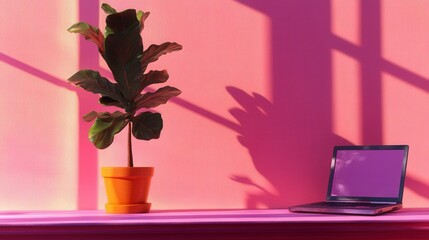 Workspace with laptop and potted plant on pink background