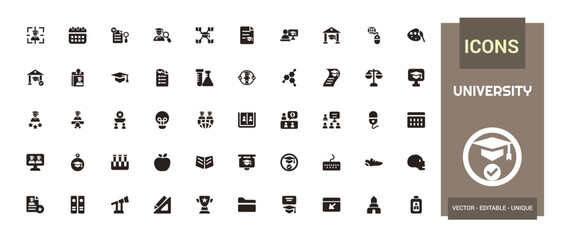 University icon pack. Containing education, learning, research institution, student and study. Filled and solid icon set. Glyph for web and ui. Vector illustration.