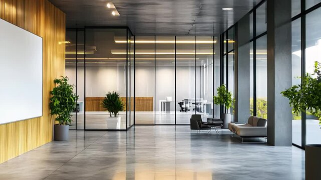 Modern office lobby with glass walls, natural light, minimalist furniture, and green plants, creating a stylish corporate environment.