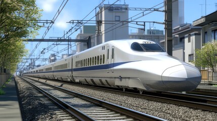 Fototapeta premium A sleek high-speed train traveling along tracks in an urban environment.