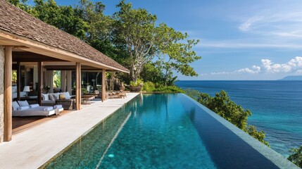 Fototapeta premium Secluded beach villa with an infinity pool and uninterrupted views of a tranquil ocean