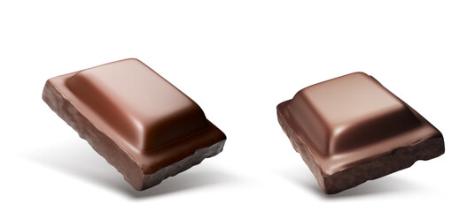 Chocolate bar pieces flying in air. Realistic 3d vector illustration set of dark brown cocoa sweet dessert. Square black or milk choco candy broken chunk. Falling delicious confectionery product cube.