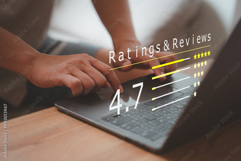Aufkleber person types on a laptop, with a digital overlay showing a 4.7-star rating and reviews. the scene re