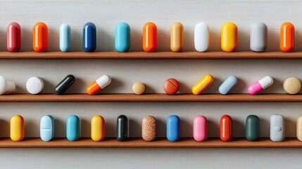 Collection of colorful capsules and tablets on wooden shelves in a row