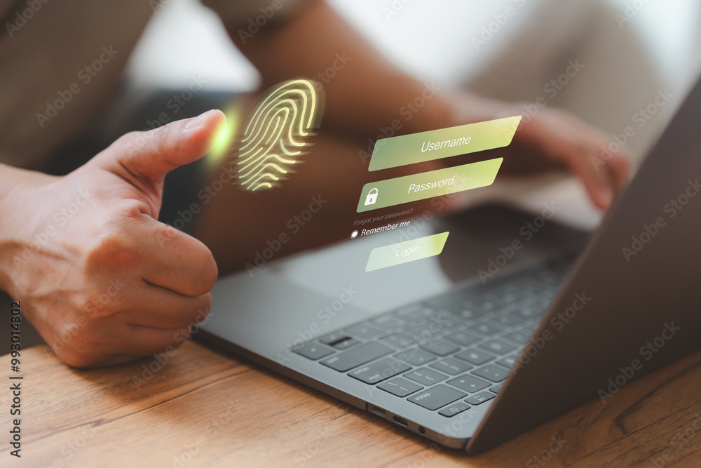 Poster User log into a system using biometric fingerprint authentication on laptop, highlighting secure login methods, interface show username and password field, cybersecurity and user identity protection.