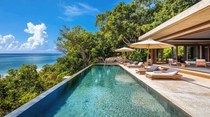 Fototapeta premium Secluded beach villa with an infinity pool and uninterrupted views of a tranquil ocean