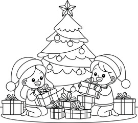 Children with gifts and Christmas tree cartoon coloring page. Christmas and Winter Illustration