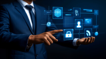 Businessman Interacting with Digital Security Icons