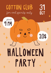 Halloween party, festive night, inviting card, promotion flyer design. Trick or Treat, promo placard, invitation template for October holiday with cute funny pumpkin. Flat vector illustration