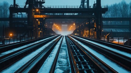 Fototapeta premium A railway scene at dusk with industrial structures and glowing lights.