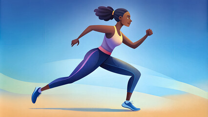 Fototapeta premium Young african american woman runner running jogger jogging athletics, side view, full length. Flat cartoon grunge style illustration design.