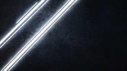 Fototapeta premium Diagonal neon lights on textured dark wall background, abstract simplicity