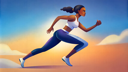 Fototapeta premium Young african american woman runner running jogger jogging athletics, side view, full length. Flat cartoon grunge style illustration design.