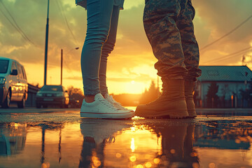 Photo of an American soldier's feet in boots, standing next to the woman he loves on Valentine&rsquo;s Day at sunset. Created with Ai