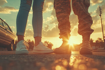 A photo of the feet and legs from an army soldier standing next to his girlfriend, sunrise in background. Created with Ai