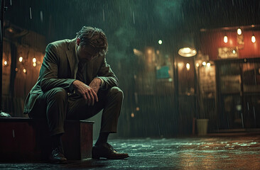A man is kneeling on the ground, with his head down and tears streaming from both eyes as he prays in front of him.  Created with Ai