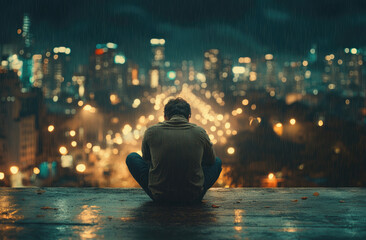 A man sits on the roof, his head bowed in prayer as rain falls around him. The city lights reflect off the puddles below. Created with Ai