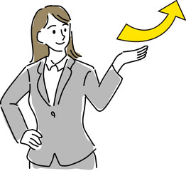 スーツの女性と上昇矢印の手描きラフ線画