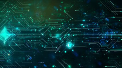 Abstract digital circuit board with glowing green lines and dots on a dark background