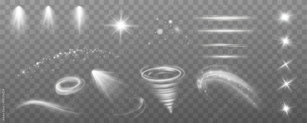 Poster Magic spiral with sparkles.White light effect.Glitter particles with lines.Swirl effect.Texture of cold winter wind. Holiday vector snowstorm. Christmas cold snowstorm effect.Light effect.	