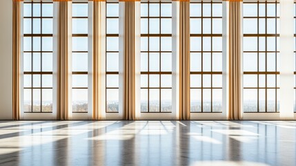 Modern spacious interior with large sunlit windows and marble floor