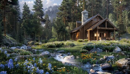 Cozy log cabin by misty stream in peaceful forest

