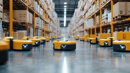 Automated robots navigating an industrial warehouse for efficient logistics.