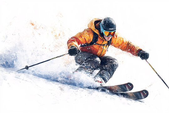 Action-packed image of a skier racing downhill in fresh powder wearing an orange jacket with snow flying all around creating energy