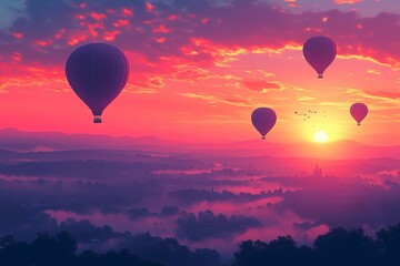 Obraz premium Hot air balloons in sky with beautiful landscape
