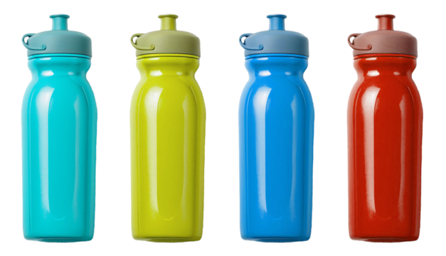 mockup sports bottles in four color variations isolated on white background